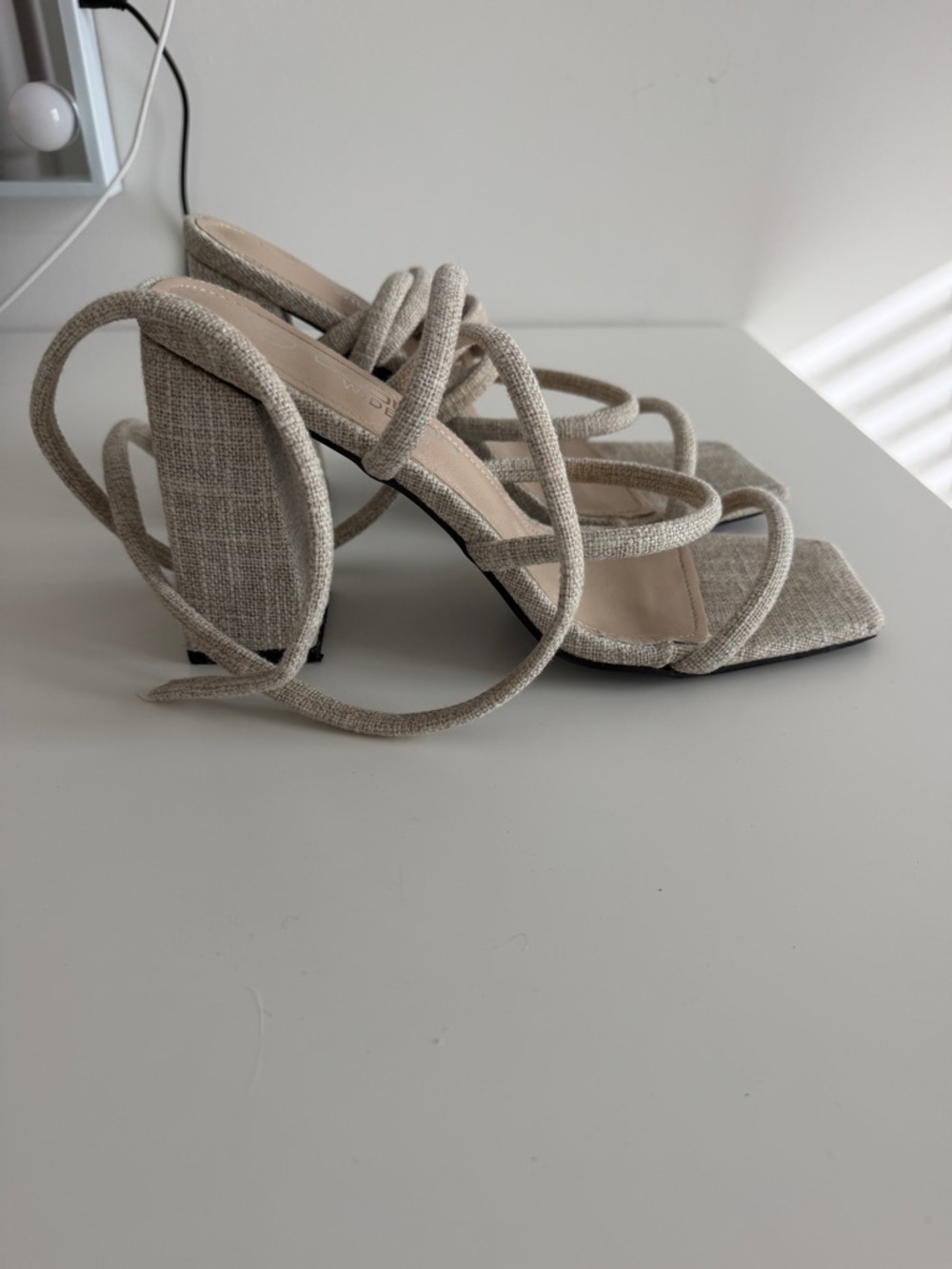Boohoo Beige Linen-Look Strappy Block Heels